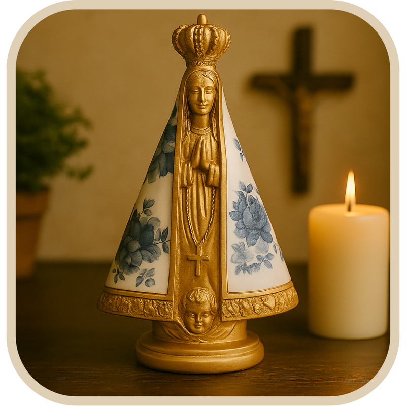 Imagem Nossa Senhora Aparecida Floral Azul e Dourado 25cm - Decoração com Fé®