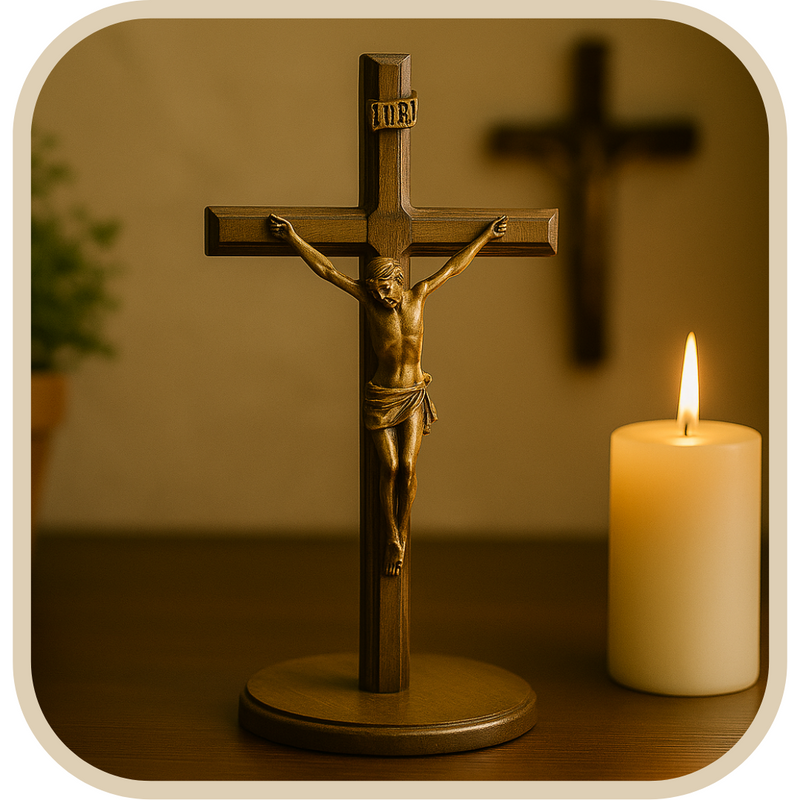 Crucifixo Clássico de Mesa 20cm – Cristo em Madeira e Bronze®