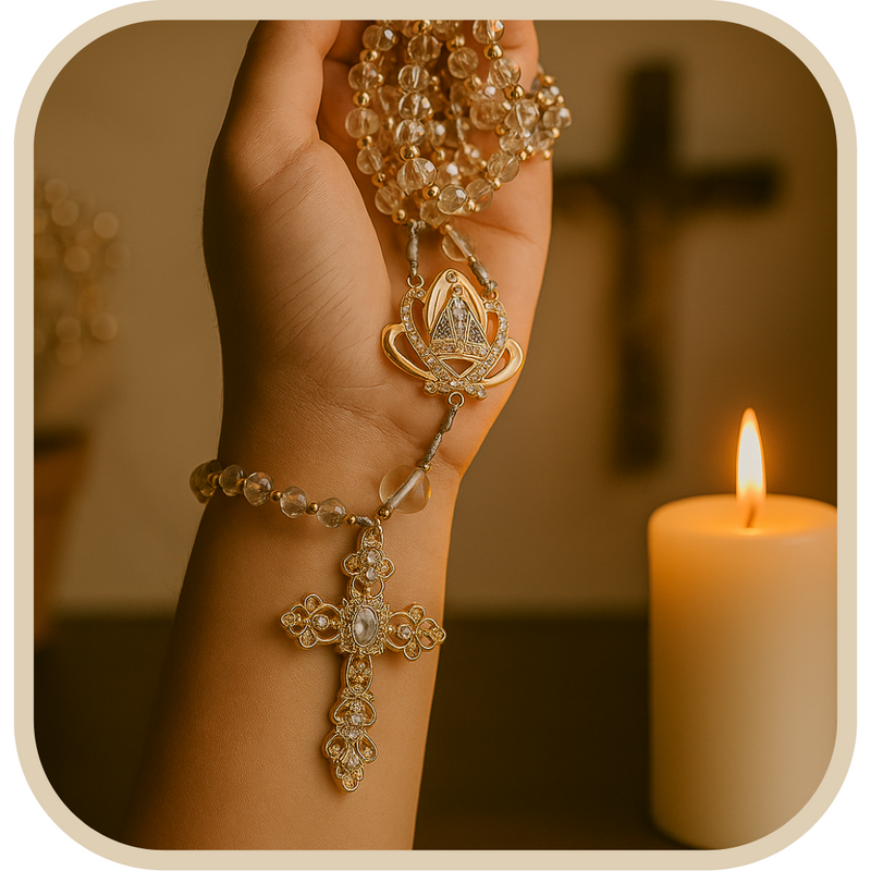 Terço de Noiva - Cristais Transparentes e Medalha de Nossa Senhora Aparecida ®