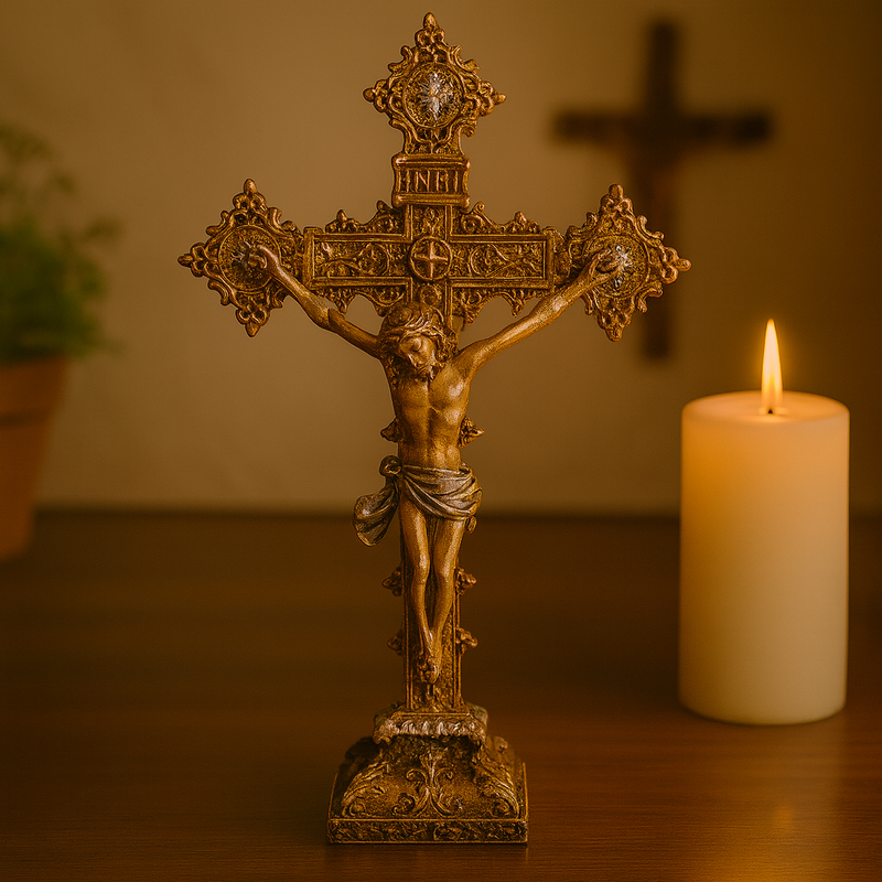 Crucifixo de Mesa Dourado em Resina 28cm®