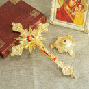 Cruz de Metal Banhada a Ouro para Decoração com Suporte